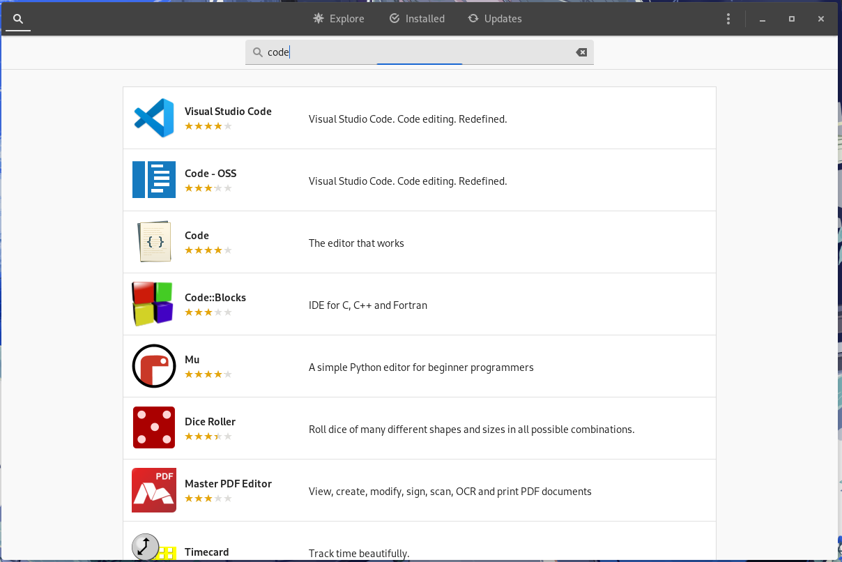 searching "code" on gnome
software