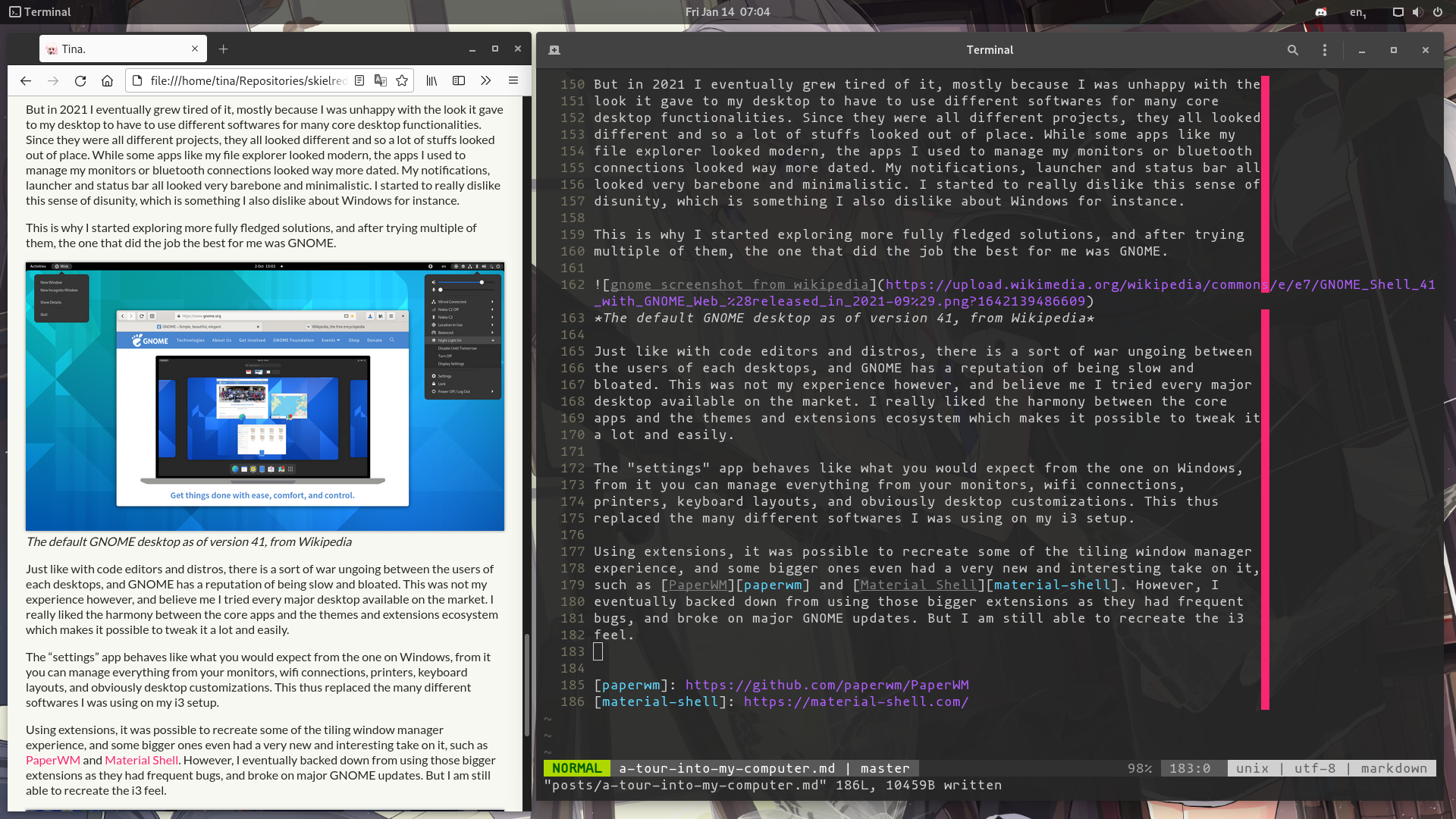 two windows in a split view on GNOME